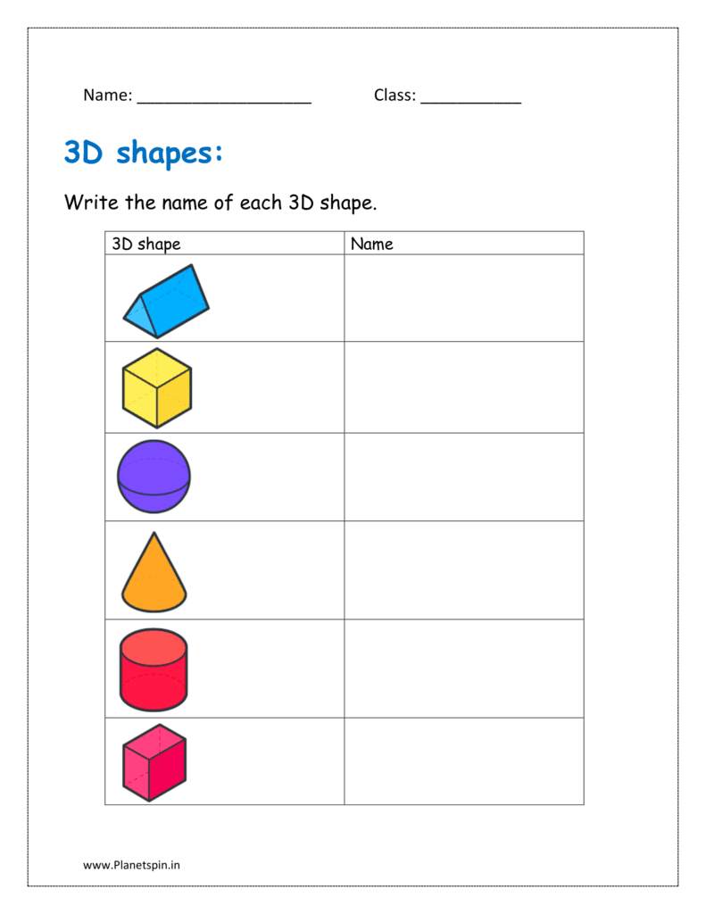 Write the name of each 3D shape (3d shapes worksheets for grade 1)