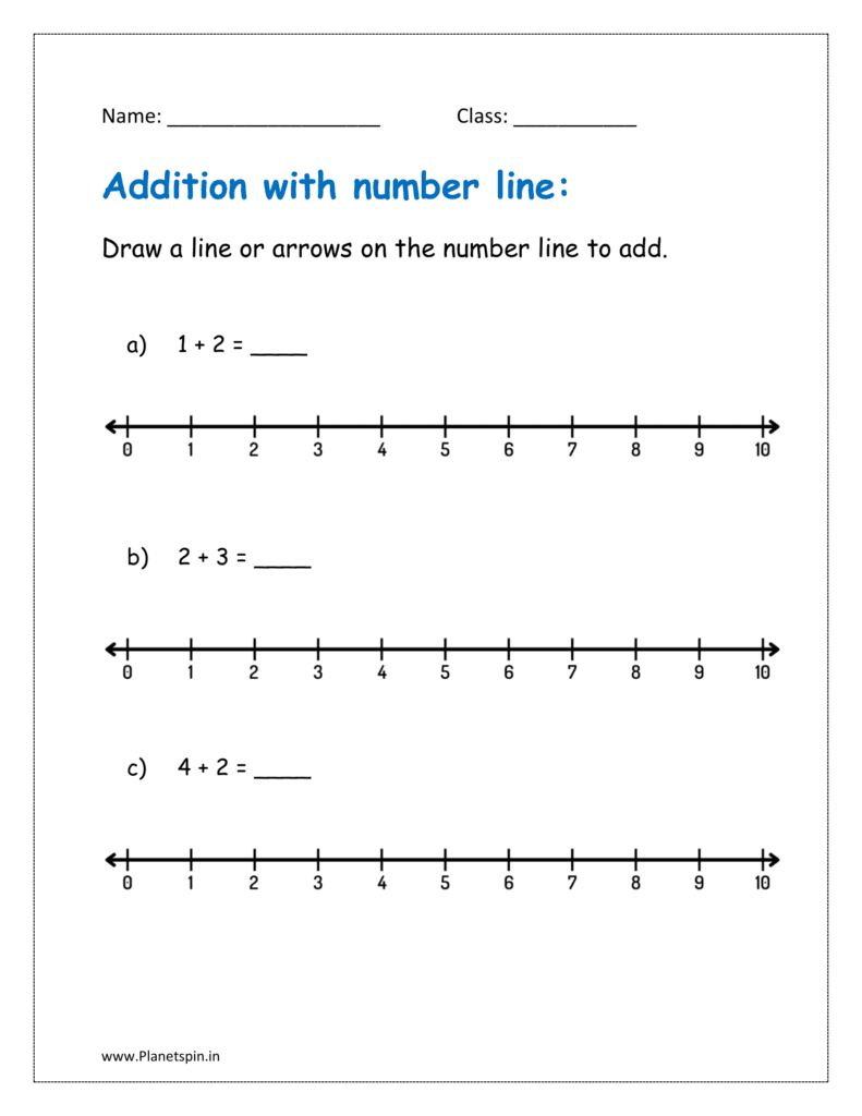 1+2, 2+3, 4+2 Add the numbers on number line in free worksheet