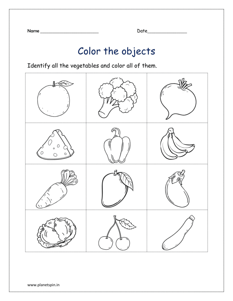 Vegetables: Identify all the vegetables and color all of them