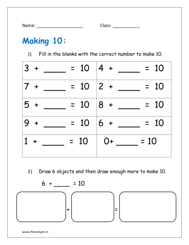 Fill in the blanks with the correct number for making 10 for grade 1.