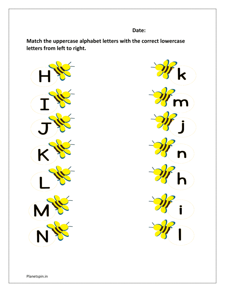 H to N: Match the uppercase alphabet letter bees with the correct lowercase letters bees