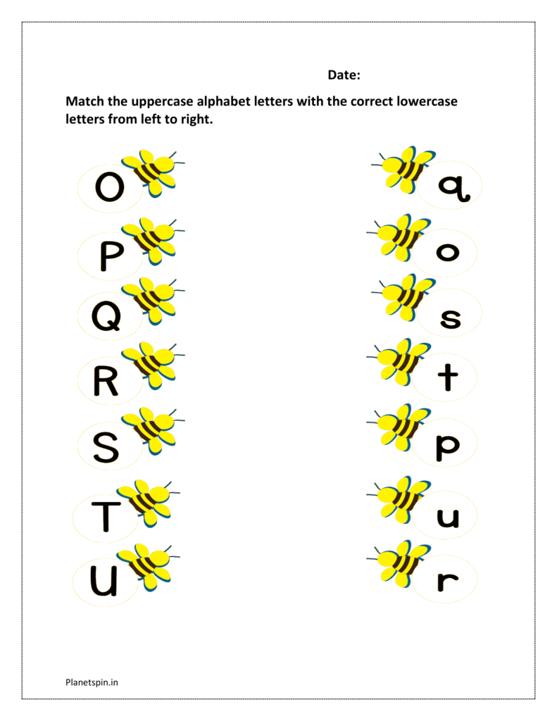 O to U: Match the uppercase alphabet letter bees with the correct lowercase letters bees