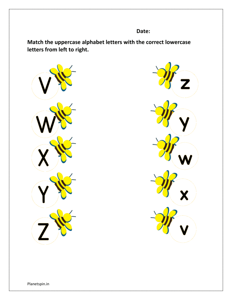 O to U: Match the uppercase alphabet letter bees with the correct lowercase letters bees