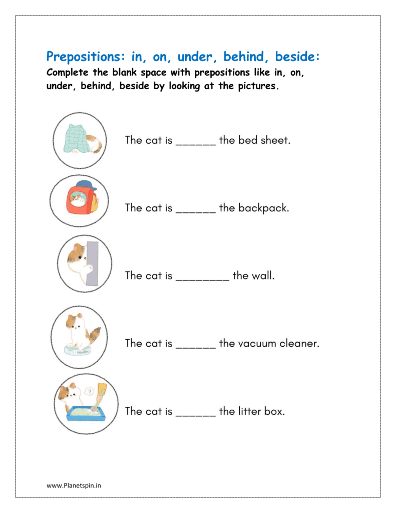 Preposition worksheet for class 1 english in on under behind beside