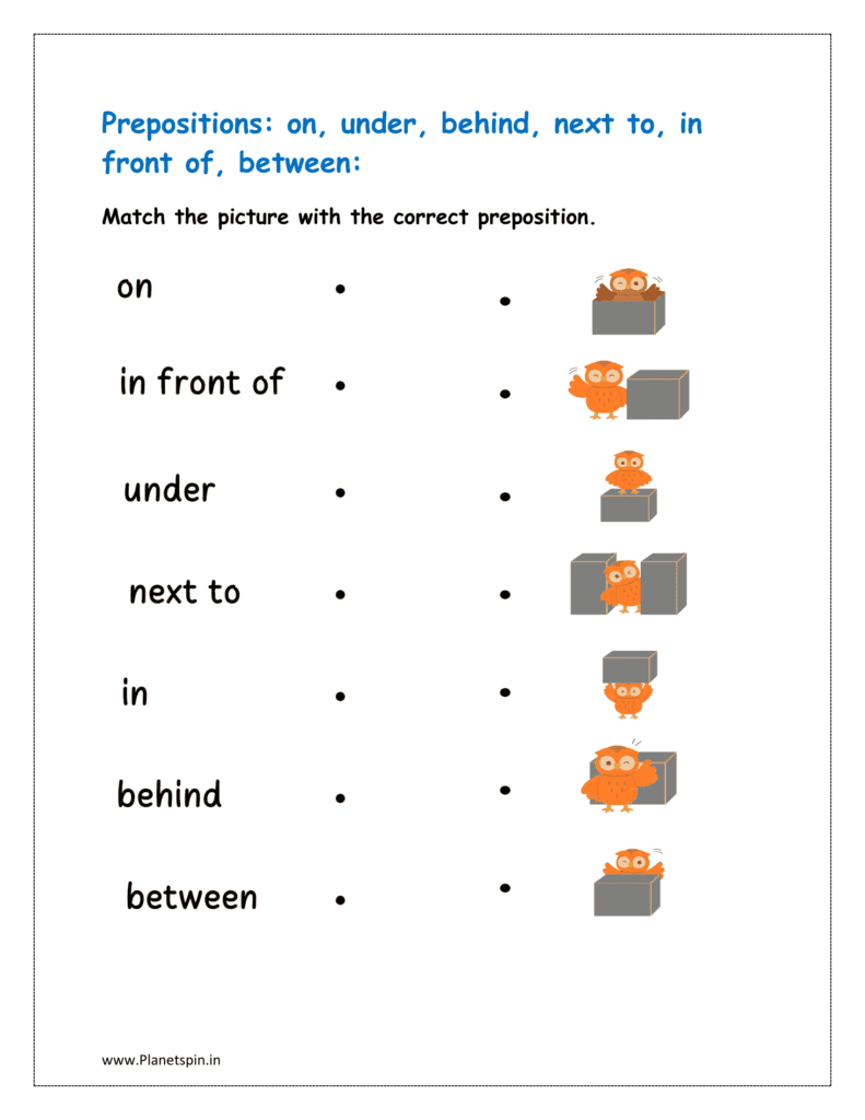 Match the picture with the correct preposition given in the worksheet for class 1