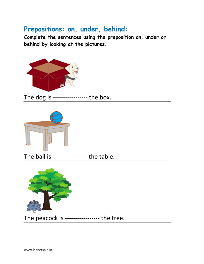 preposition worksheet for class 1