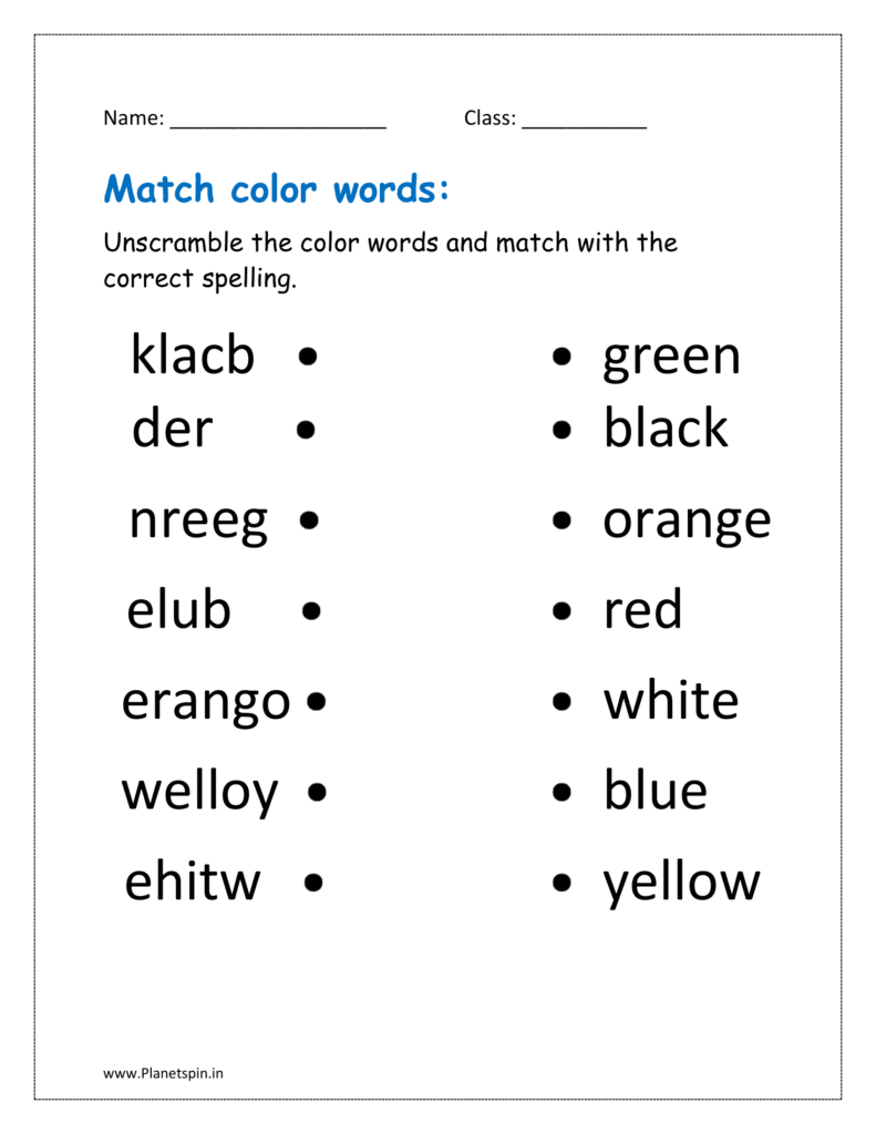 Unscramble the color words and match with the correct spelling  in the given free printable kindergarten worksheet 