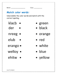 Unscramble the color words and match with the correct spelling