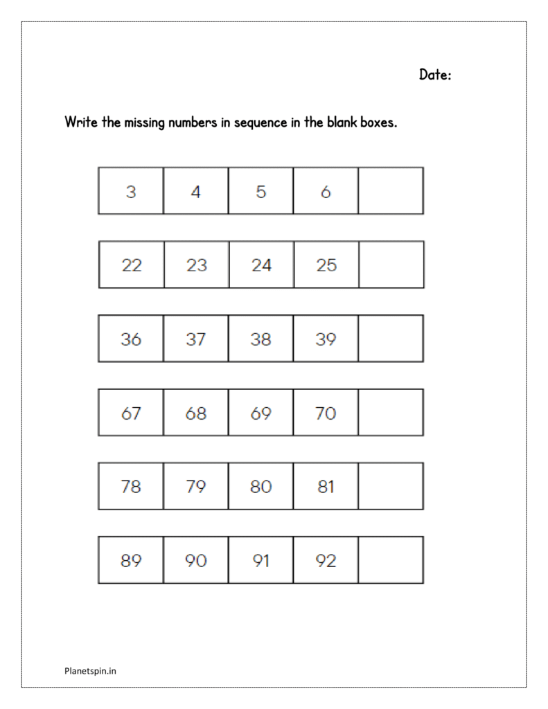 Blank boxes: Write the missing numbers in sequence in the blank boxes