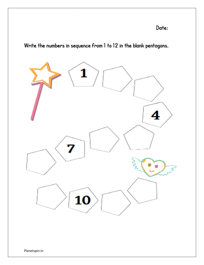 Pentagons: Write the numbers in sequence from 1 to 12 in the blank pentagons (counting forward worksheets)