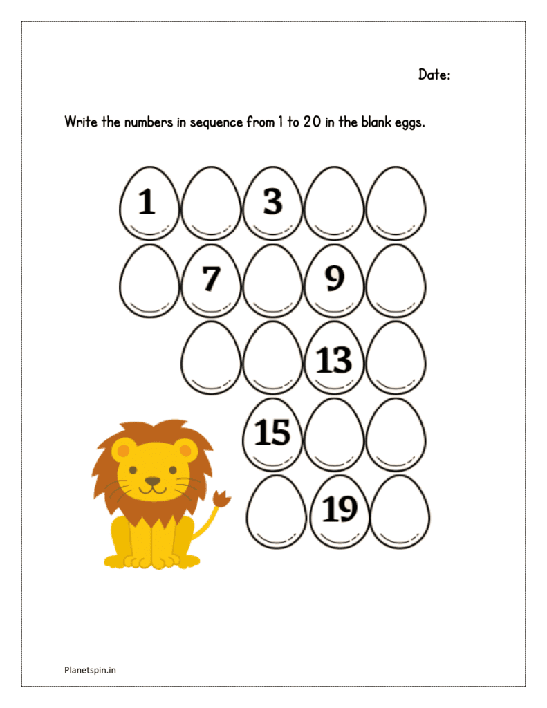 Blank eggs: Write the numbers in sequence from 1 to 20 in the blank eggs