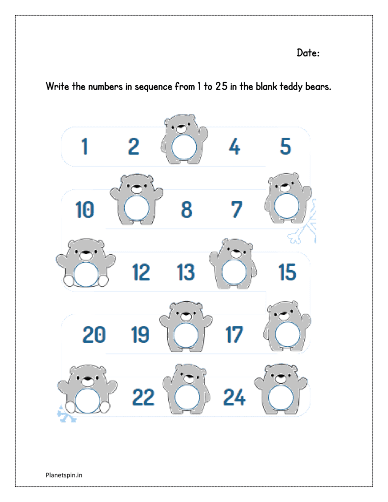 Teddy bears: Write the numbers in sequence from 1 to 25 in the blank teddy bears