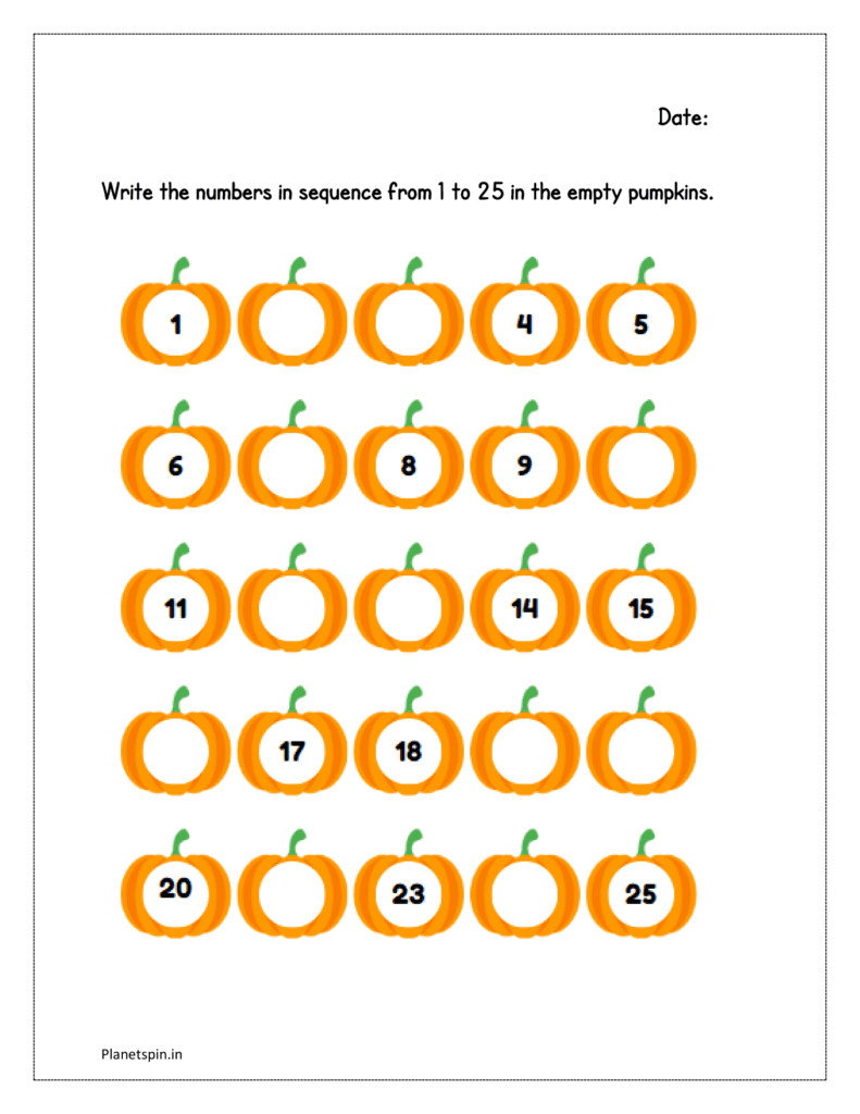 Pumpkins: Write the numbers in sequence from 1 to 25 in the empty pumpkins