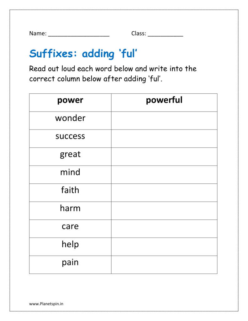 worksheet for suffix ‘ful’