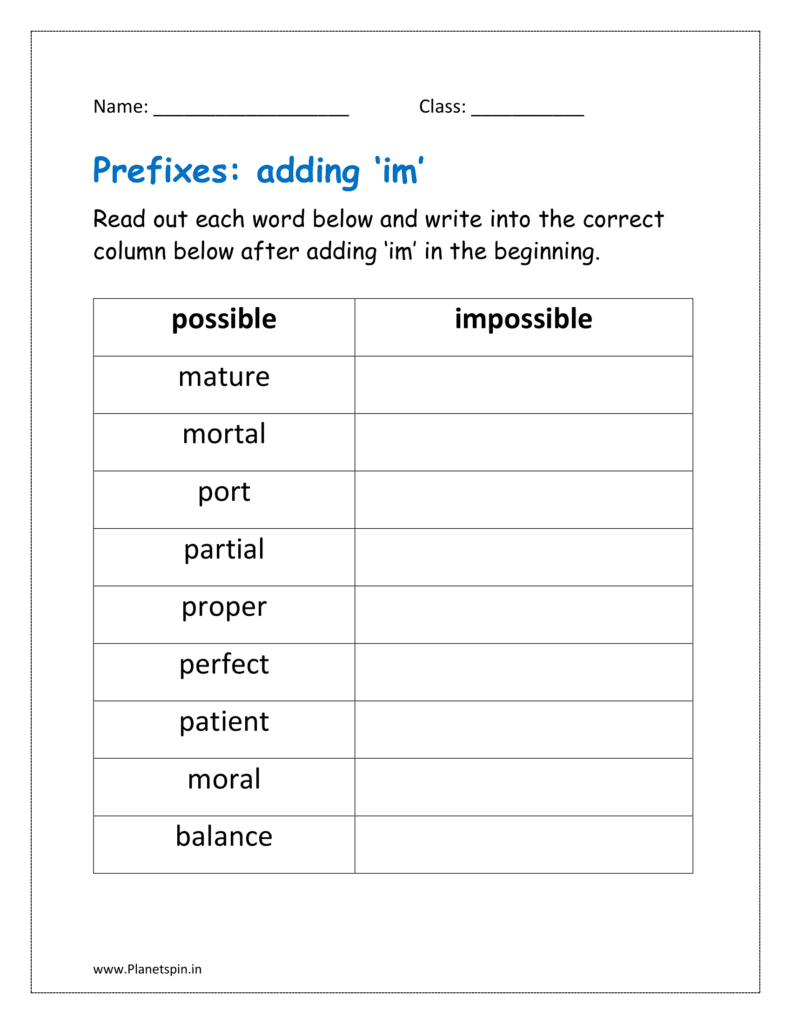  worksheet for prefix ‘im’