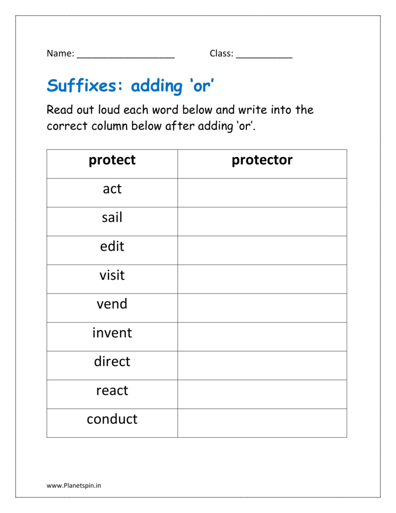 worksheet for Words with suffix ‘or’