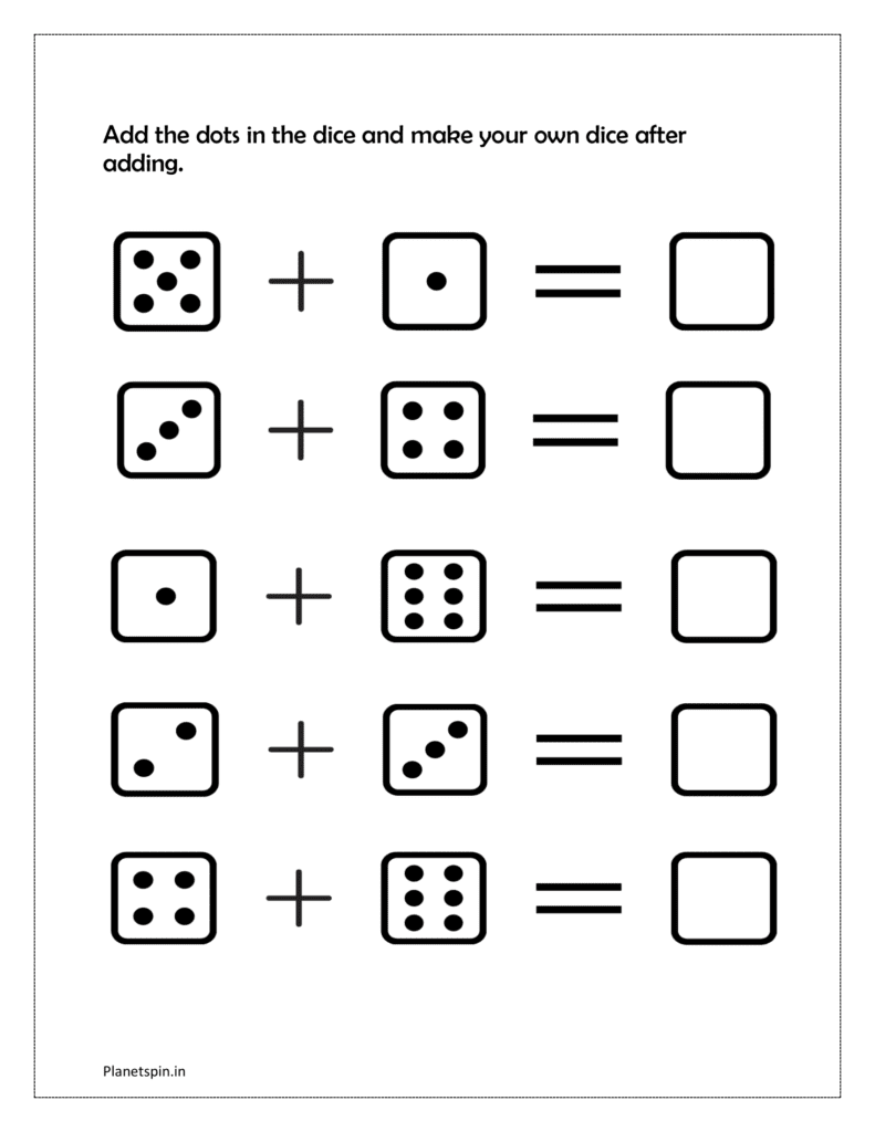 Add the dots in the dice and make your own dice after adding in the in the free printable kindergarten addition worksheet