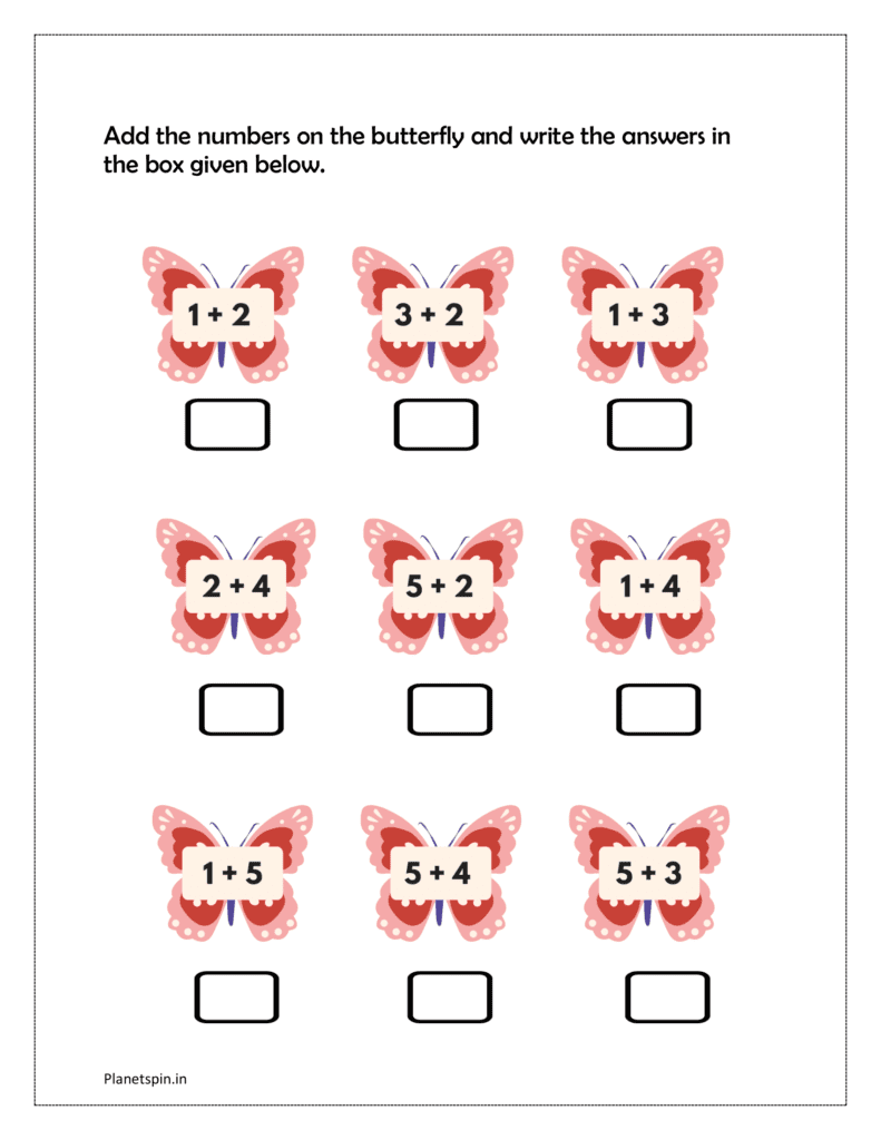 Add the numbers on the butterfly and write the answers in the box given below