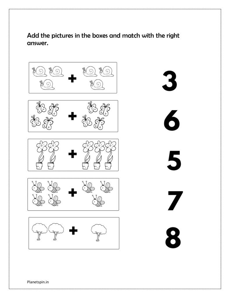 Add the pictures in the boxes and match with the right answer in the in free printable addition worksheets