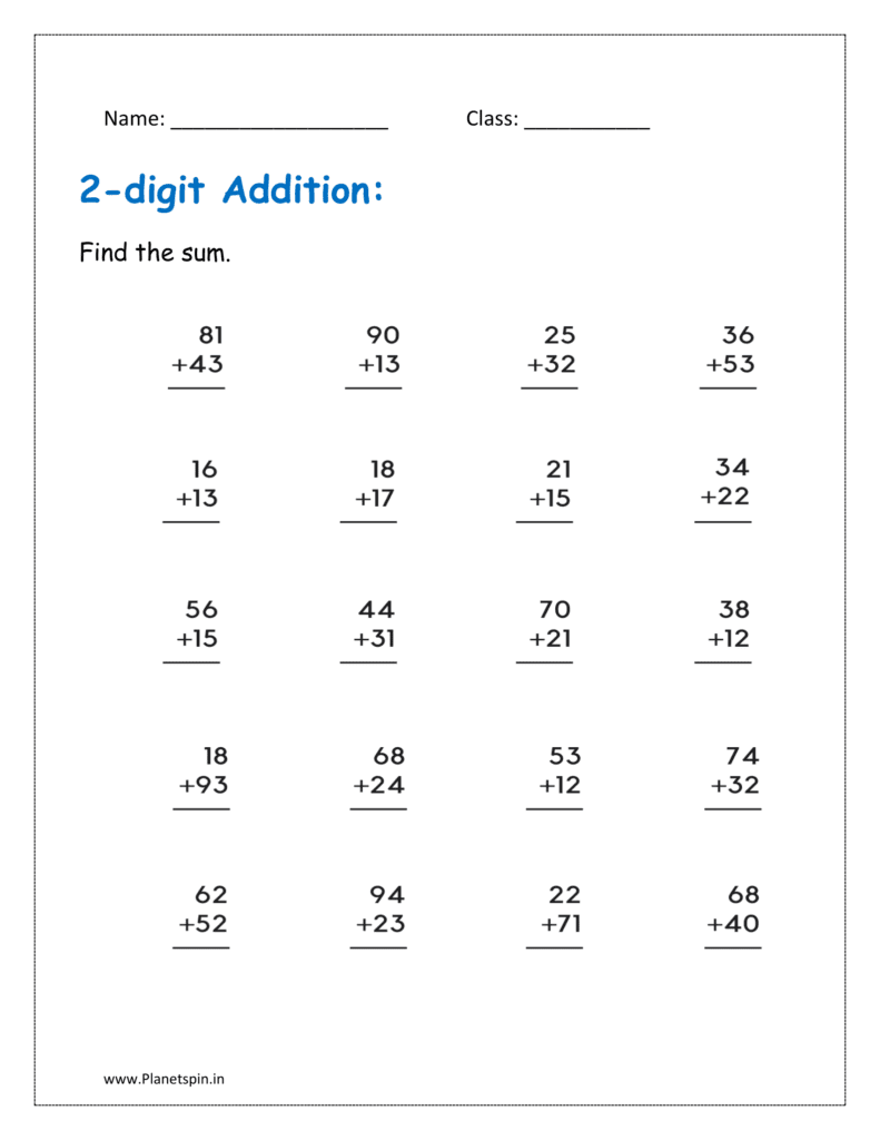 With burrowing: Find the sum (addition worksheets for grade 1 with borrowing)