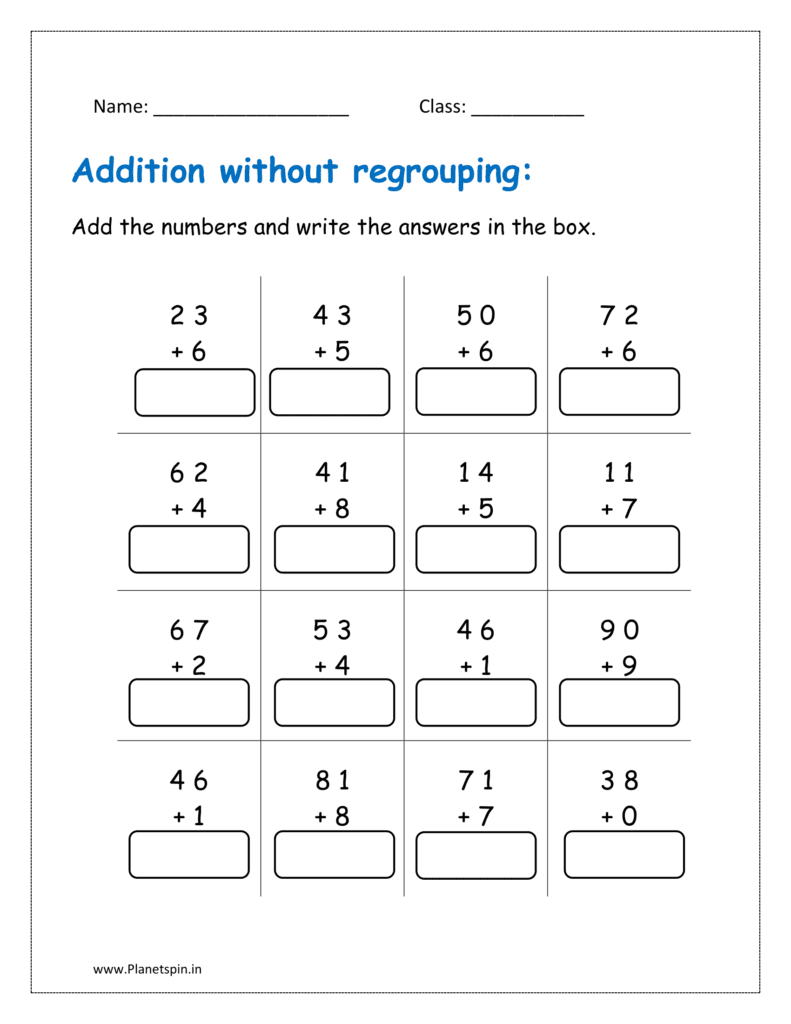 Adding the two digit and one digit numbers and write the sum in the grade 1 worksheet without regrouping