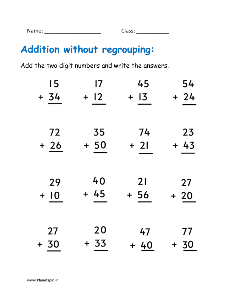 Adding the two digit numbers (without regrouping) and write the answers in the grade 1 worksheet.