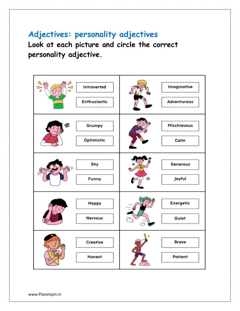 Look at each picture and circle the correct personality adjective for class 1