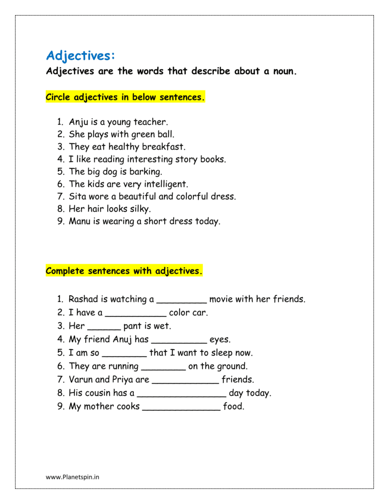 Adjectives worksheets for class 1 | Planetspin.in