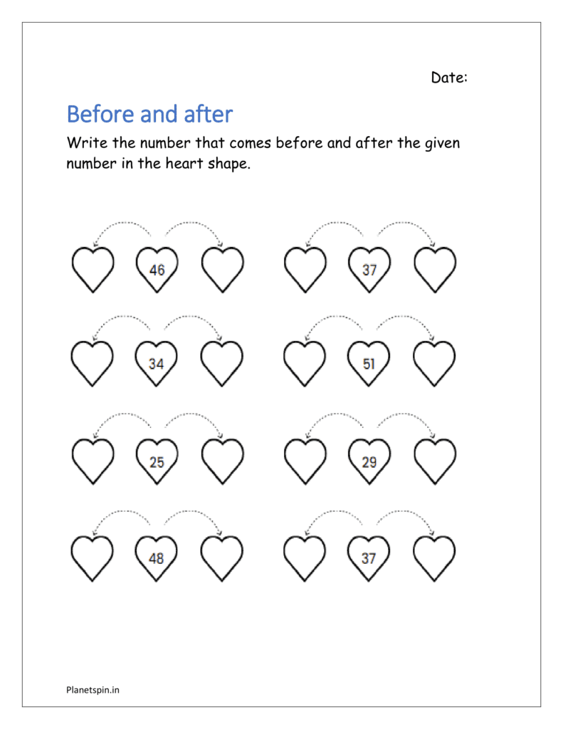 Before and after: Write the number that comes before and after the given number in the heart shape in the kindergarten worksheet using backward counting