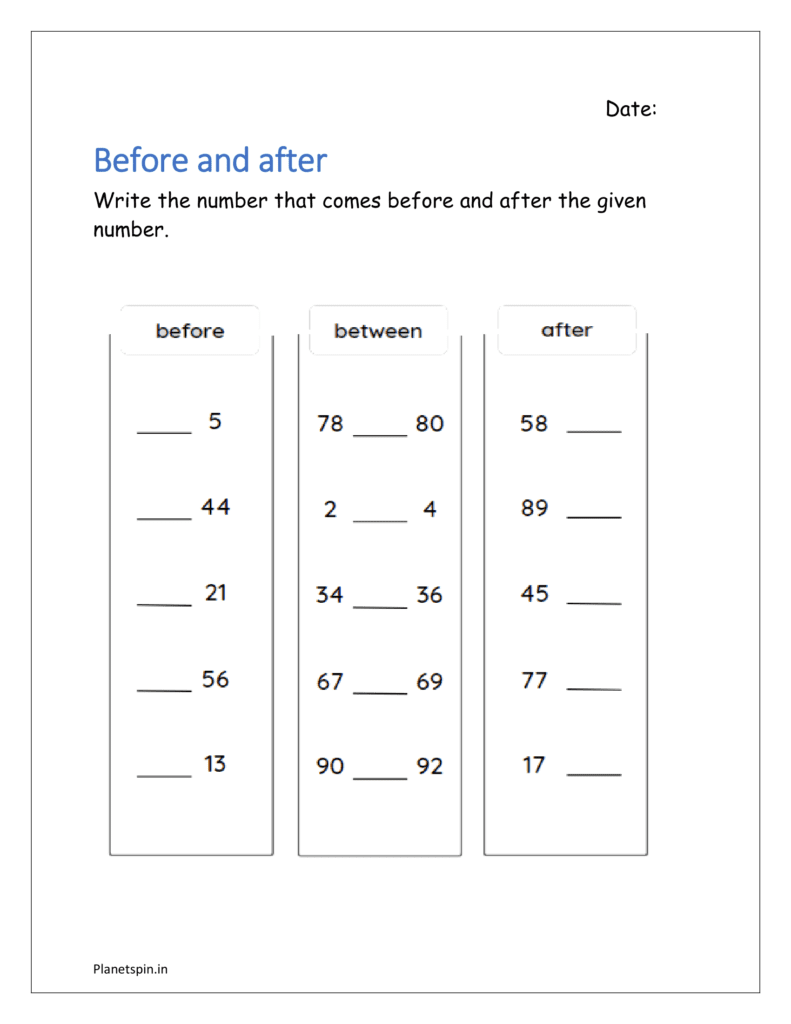 Before after and between: Write the number that comes before and after the given number using backward counting