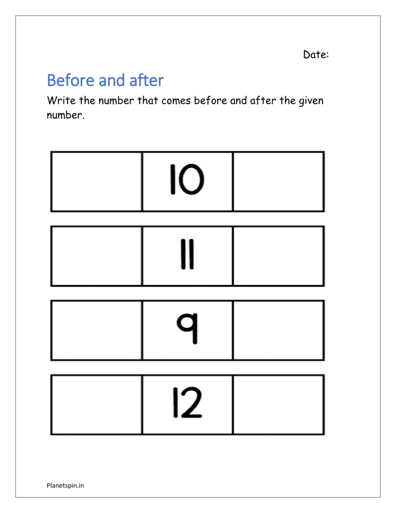 Before and after: Write the number that comes before and after the given number in the kindergarten worksheet using backward counting