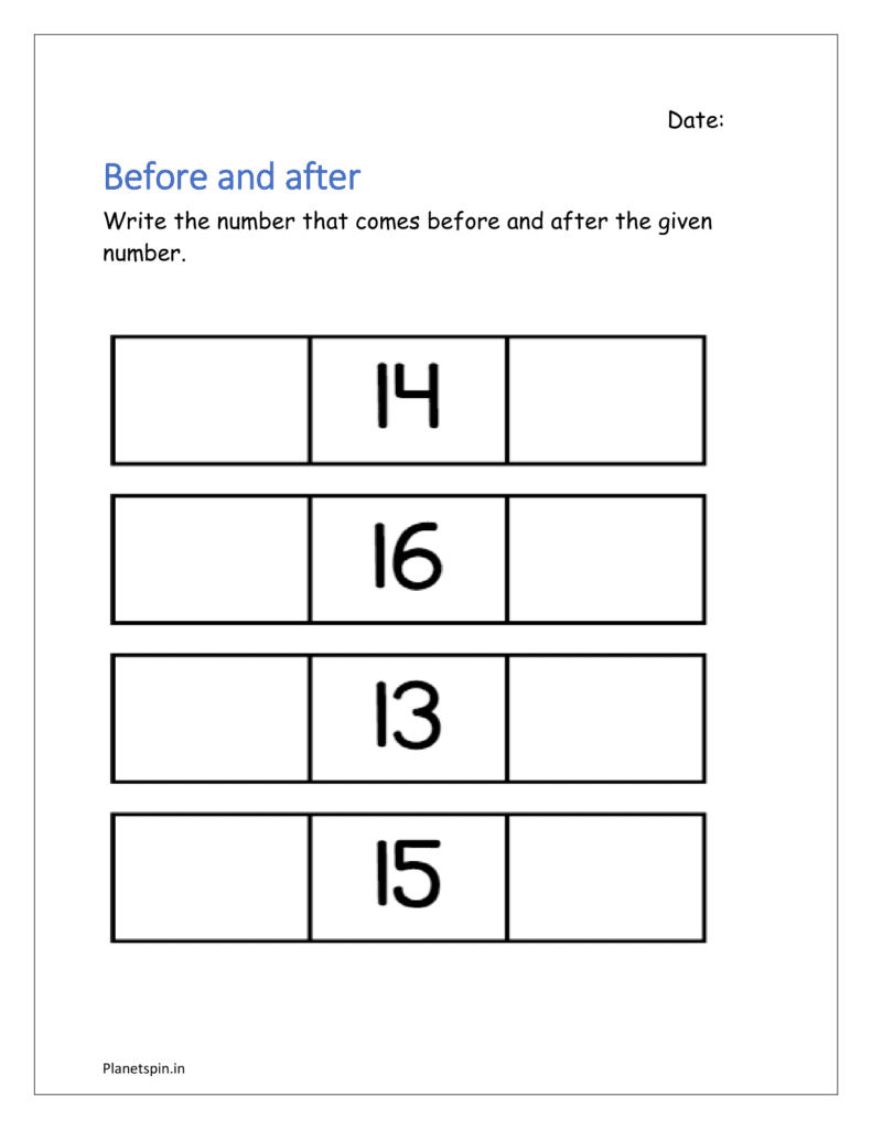 Before and after: Write the number that comes before and after the given number in the kindergarten worksheet using backward counting