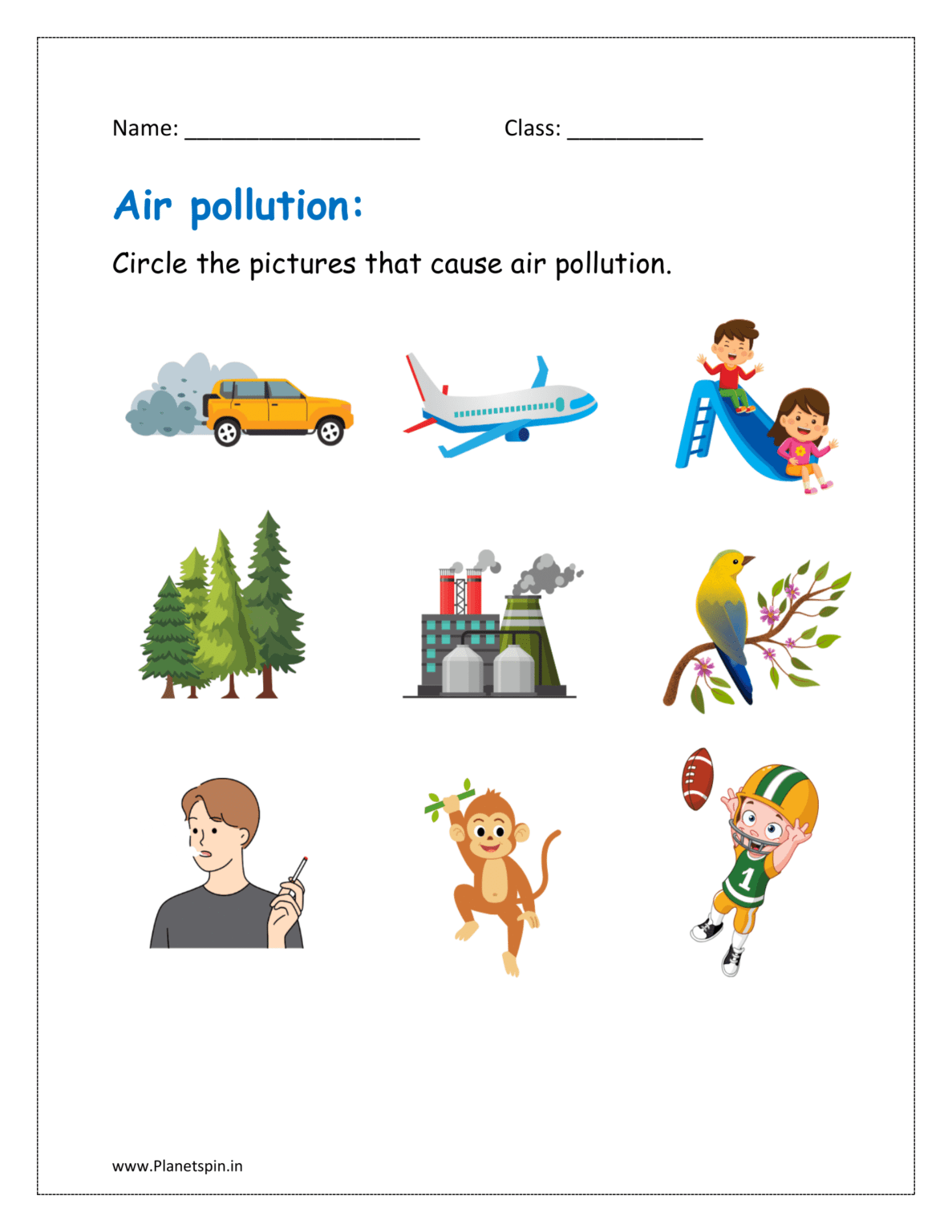 Air pollution worksheet for kindergarten | Planetspin.in