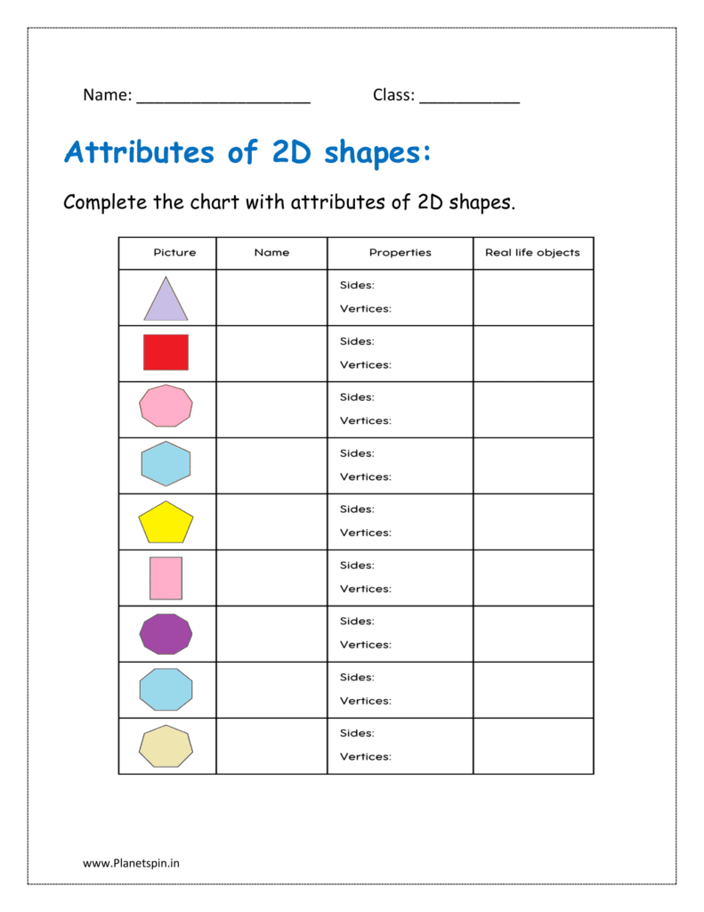 Complete the chart with attributes of 2D shapes (attributes of shapes 1st grade)