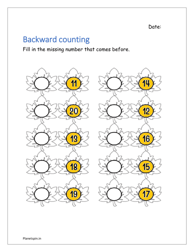 Backward counting worksheet for kindergarten