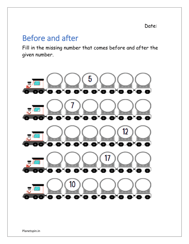 Train: Fill in the missing number that comes before and after the given number 