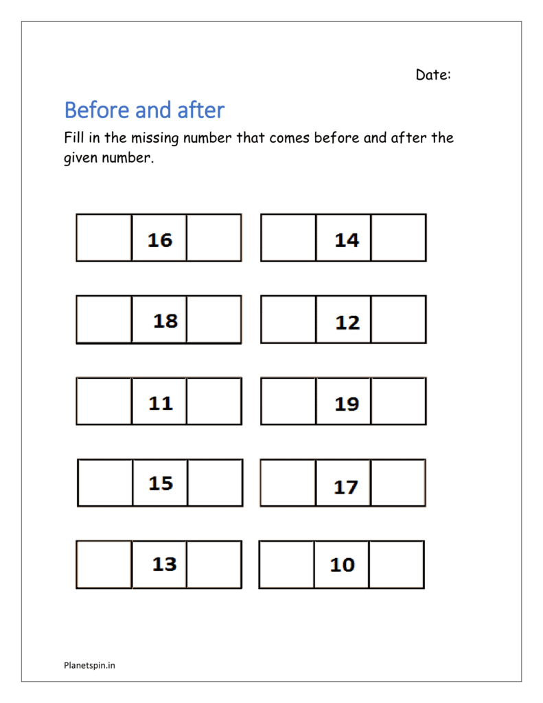 Before and after: Fill in the missing number that comes before and after the given number in the kindergarten worksheet using backward counting