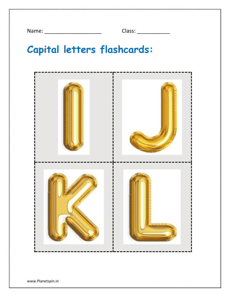 Capital letters flashcards: I, J, K, L