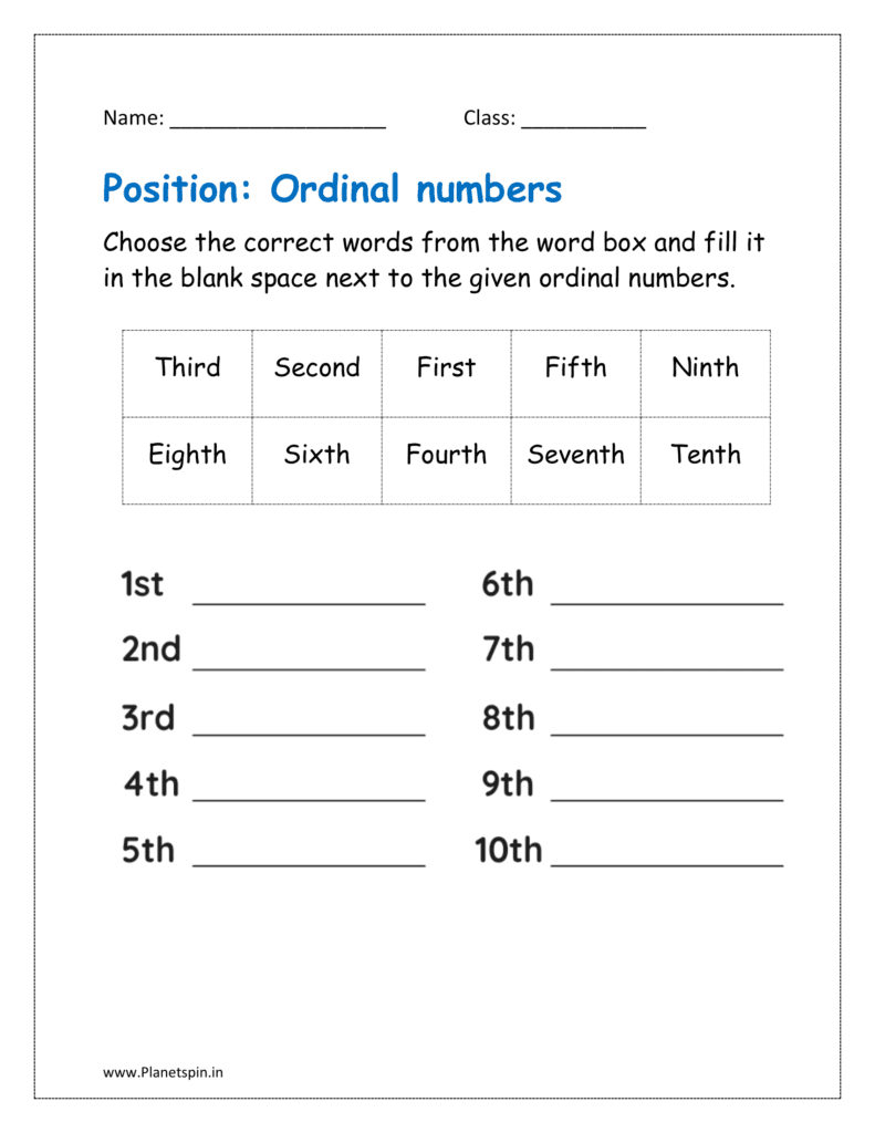 Choose the correct words from the word box and fill it in the blank space next to the given ordinal numbers.