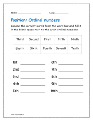 Choose the correct words from the word box and fill it in the blank space next to the given ordinal numbers.