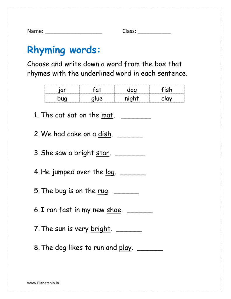 rhyming words worksheet for grade 1