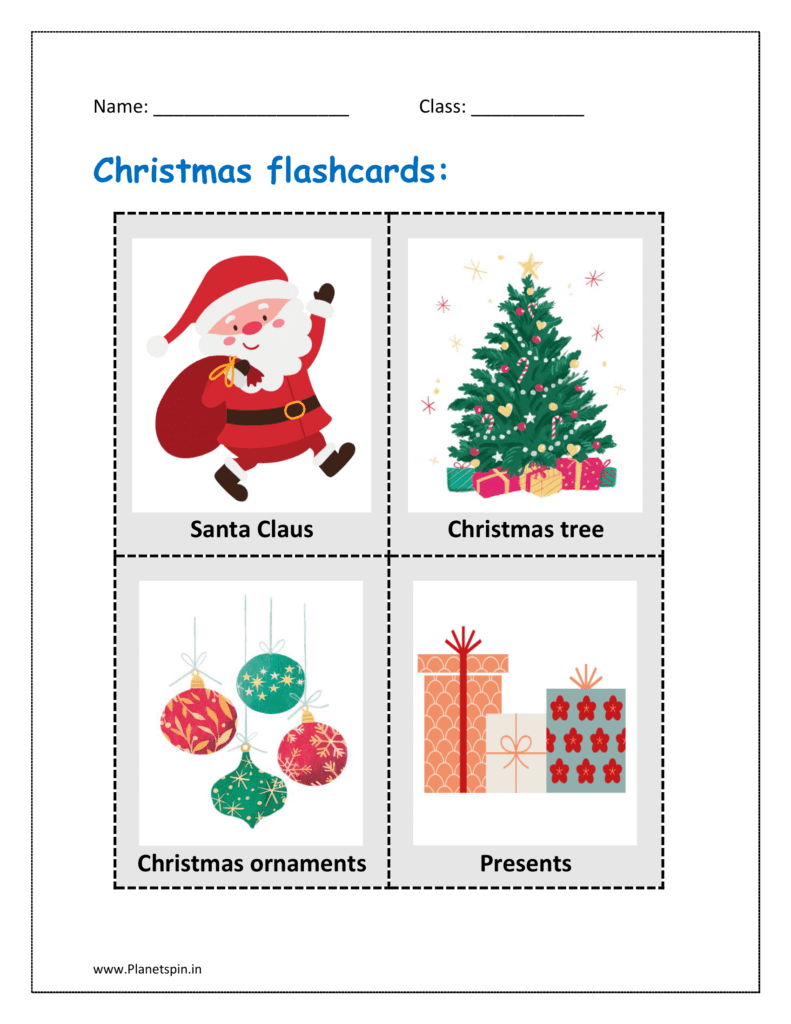 Christmas flashcards items: Santa Claus, Christmas tree, Christmas ornaments and Presents