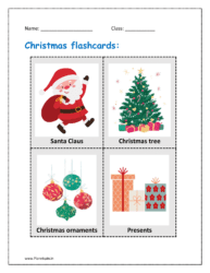 Christmas flashcards items: Santa Claus, Christmas tree, Christmas ornaments and Presents