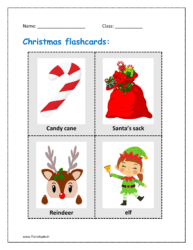 Christmas flashcards items: Candy cane, Santa's sack, Reindeer and Elf