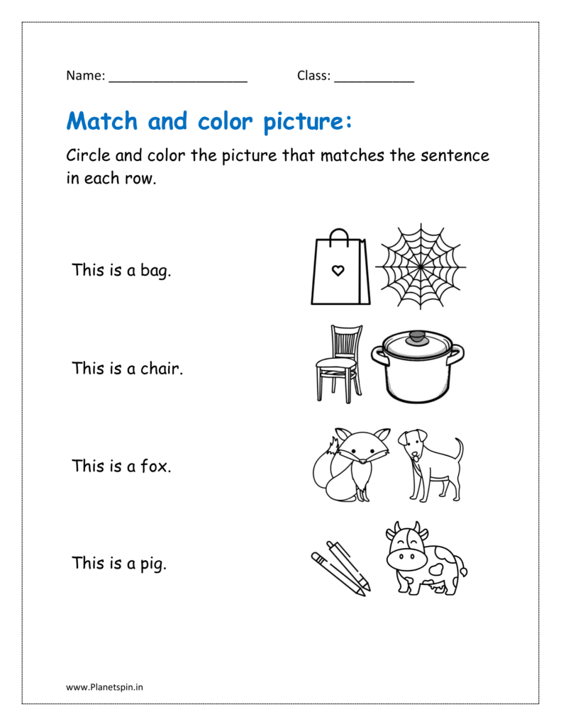 Circle and color the picture that matches the sentence in each row.