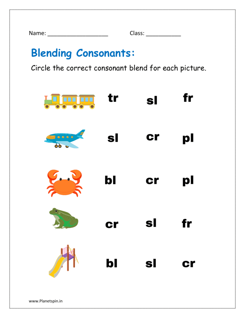 Circle the correct consonant blend for each picture in the kindergarten worksheet