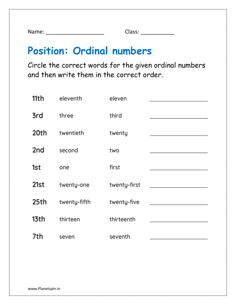 Circle the correct words for the given ordinal numbers and then write them in the correct order.