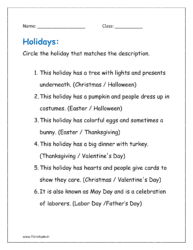 Circle the holiday that matches the description (holidays worksheet for kindergarten)