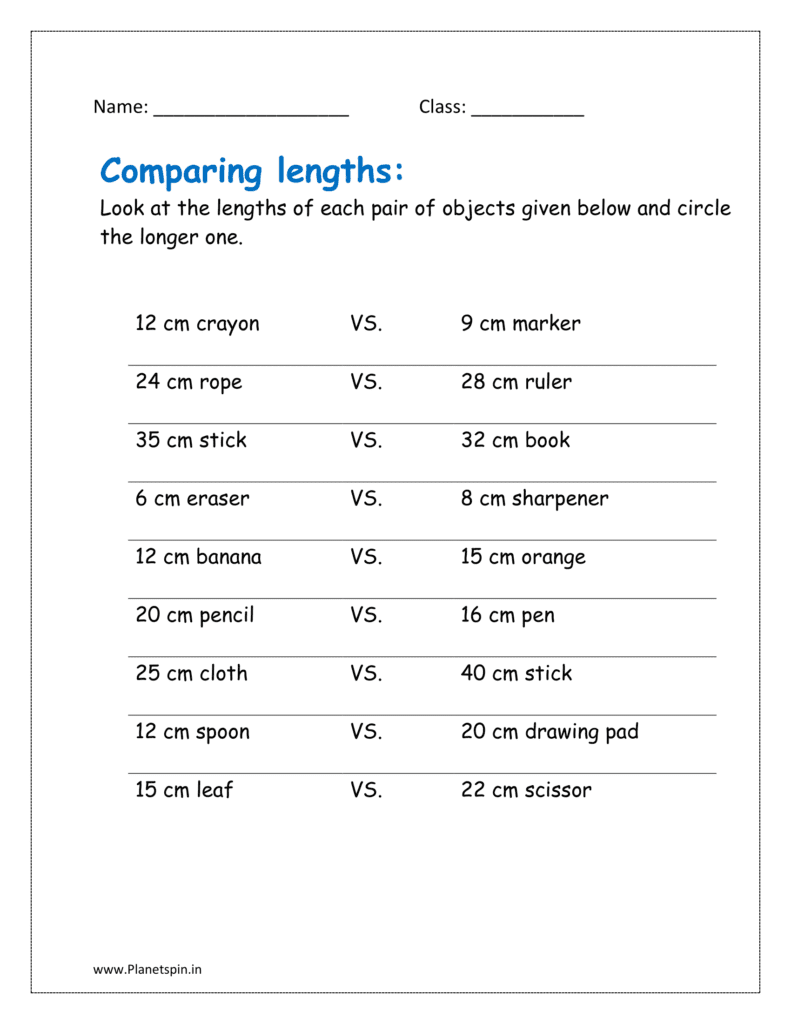 Look at the lengths of each pair of objects given and circle the longer one