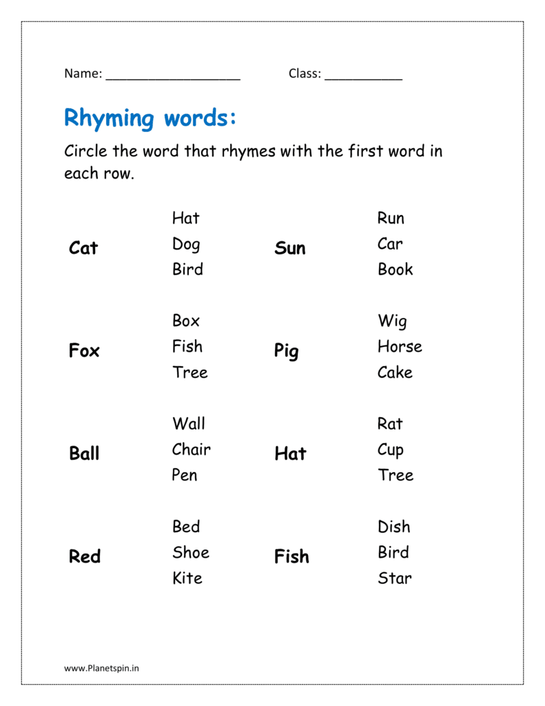 Circle the word that rhymes with the first word in each row.